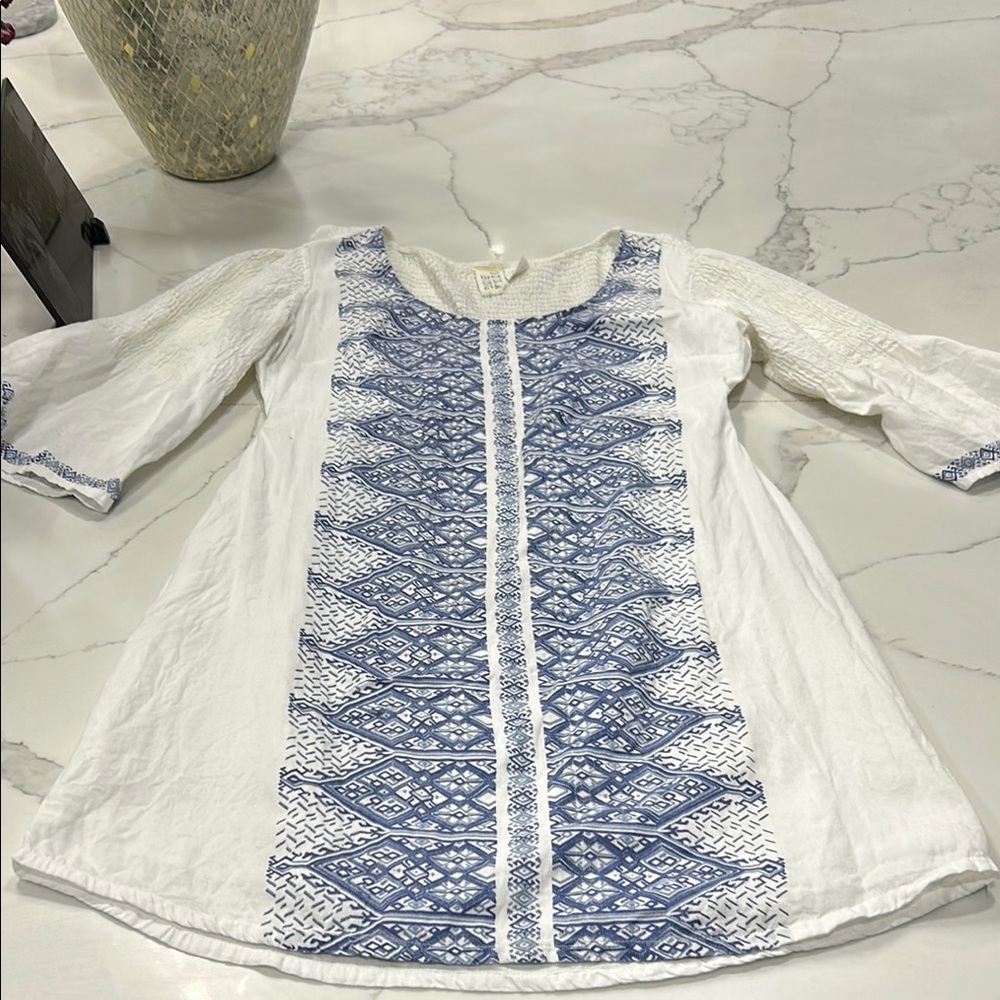 BILLABONG White Cotton Dress/Cover With Blue Design Print. Size L - Picture 8 of 13